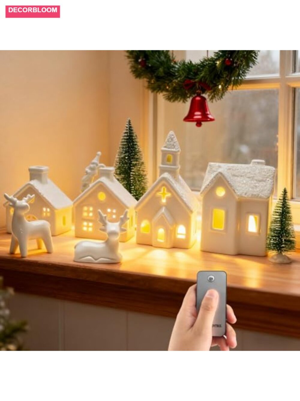14 Pc Ceramic Christmas Village Set LED Tea Light Tabletop Decor